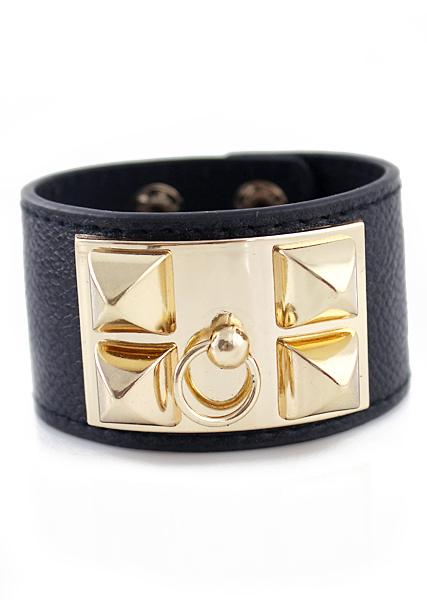 Romwe Gold Rivet Black Leather Bracelet