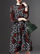 Romwe Black Elastic-waist Rose Print A-line Dress