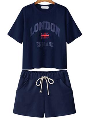 Romwe Letter Print T-shirt With Drawstring Shorts - Navy