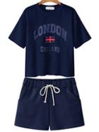 Romwe Letter Print T-shirt With Drawstring Shorts - Navy