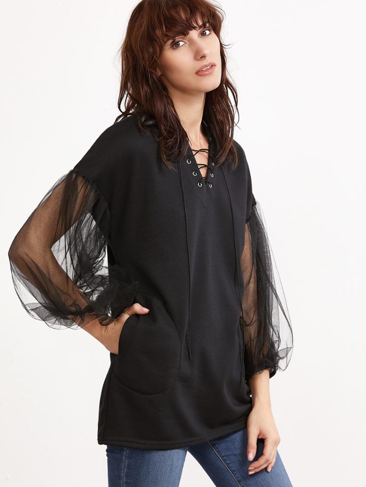 Romwe V Neck Contrast Mesh Sleeve Lace Up Pockets Sweatshirt