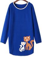 Romwe Cat Pattern Royal Blue Sweater