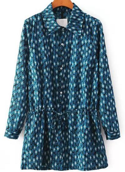 Romwe Diamond Print Drawstring Shirt Dress