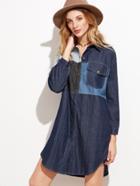 Romwe Blue Patchwork Drop Shoulder Pockets Slit Shirt Dress