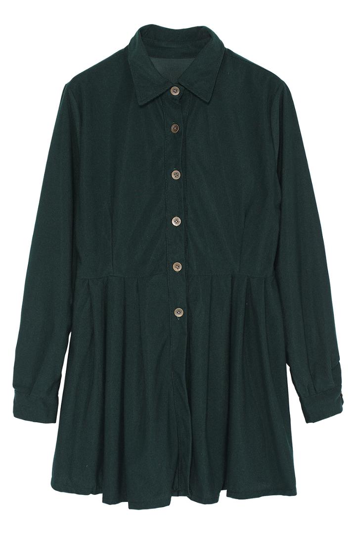 Romwe Pleated Hem Shirt Green Dress