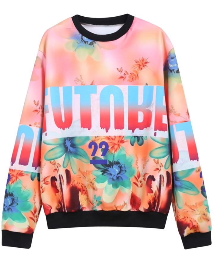 Romwe Floral Letter Print Round Neck Sweatshirt