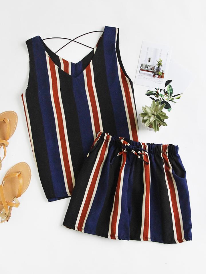 Romwe Striped Criss Cross Back Tank Top With Drawstring Shorts
