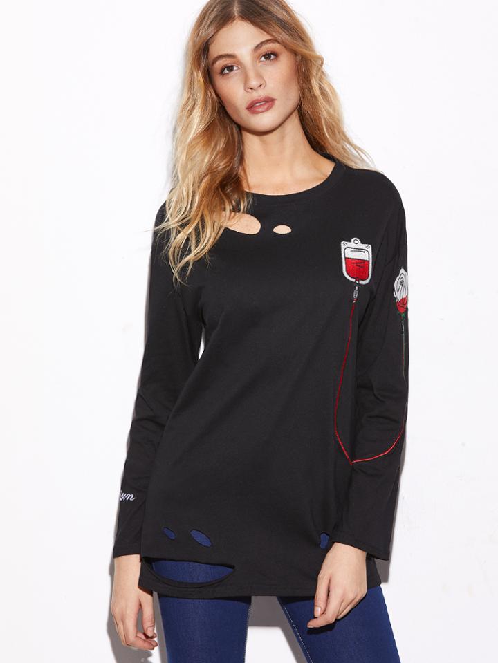 Romwe Black Drop Shoulder Embroidered Ripped T-shirt