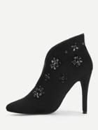 Romwe Rhinestone Flower Embellished Heeled Boots