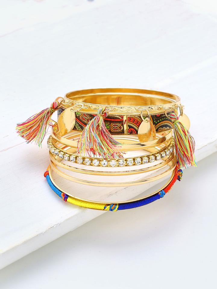 Romwe Tassel & Rhinestone Tassel Decorated Bracelet Set