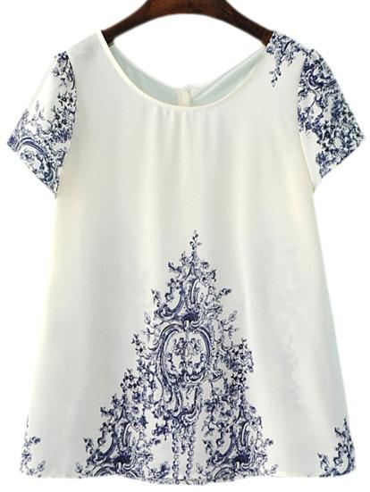 Romwe Short Sleeve Blue And White Porcelain Print Blouse