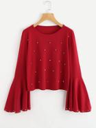 Romwe Fluted Sleeve Pearl Beaded Top