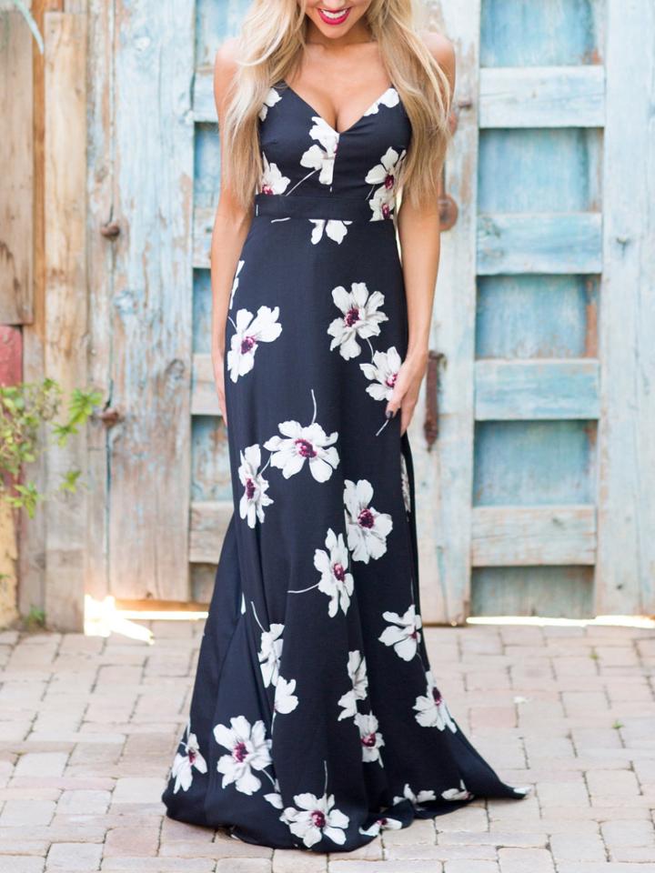 Romwe Flower Print Backless Cami Dress