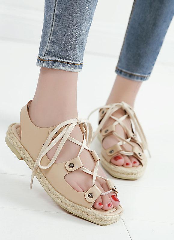 Romwe Beige Square Toe Lace Up Flat Sandals