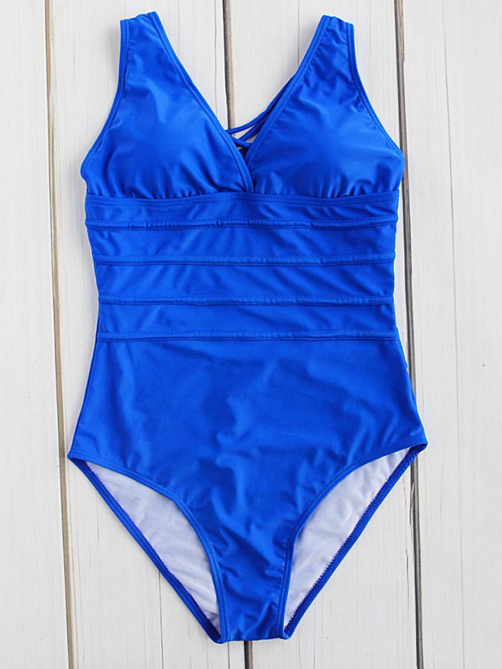 Romwe V Neck Strappy Back Seam One Piece Swimwear