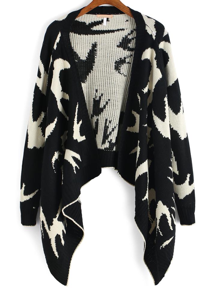 Romwe Open Front Swallow Print Coat
