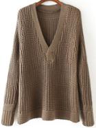 Romwe Deep V Neck Ribbed Coffee Sweater