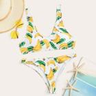 Romwe Random Banana Print Plunge Neck Bikini Set