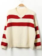 Romwe V Neck Striped Loose Red Sweater
