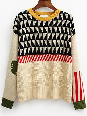 Romwe Dropped Shoulder Seam Geometric Print Color-block Jumper