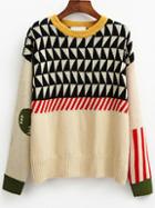 Romwe Dropped Shoulder Seam Geometric Print Color-block Jumper