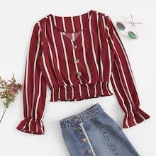 Romwe Single Breasted Ruched Hem Striped Blouse