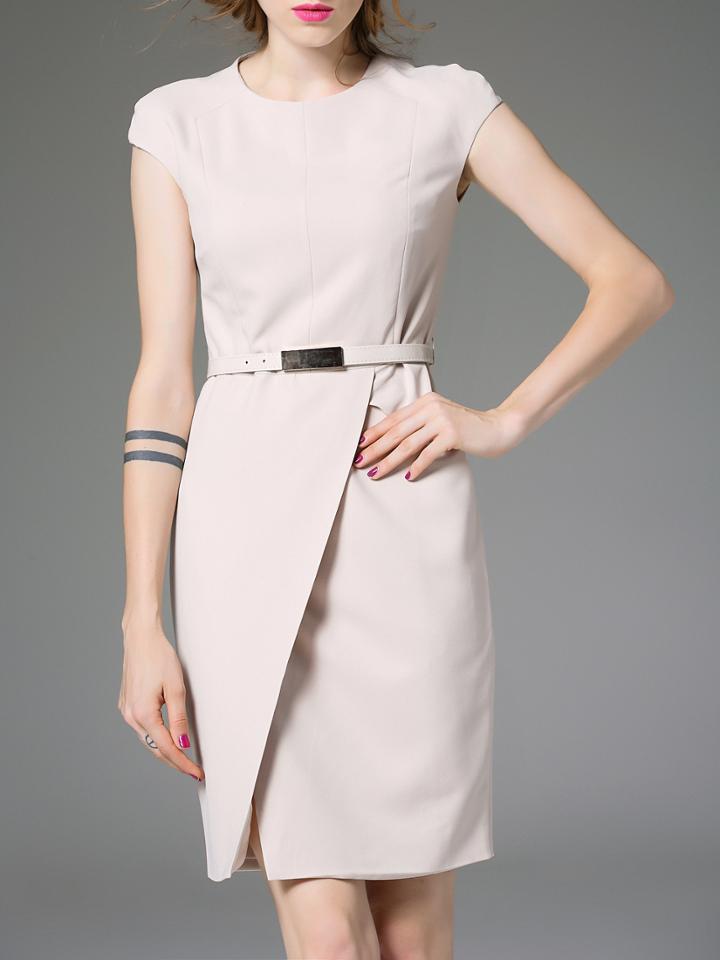 Romwe Nude Belted Split Sheath Dress