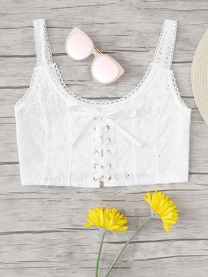 Romwe Eyelet Lace Up Crop Top