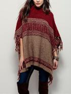 Romwe High Neck Fringes Dolman Poncho