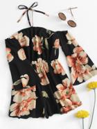 Romwe Floral Print Fluted Sleeve Romper