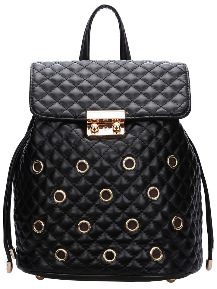 Romwe Black Eyelet Diamondback Pu Backpack