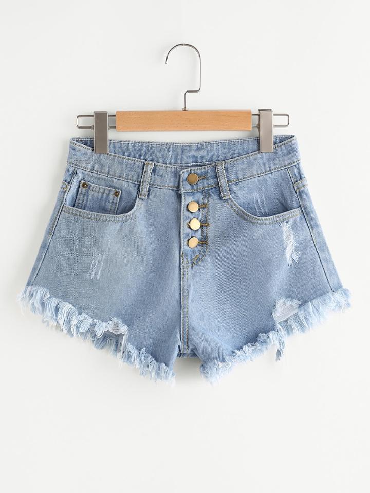 Romwe Distress Fray Hem Single Breasted Denim Shorts