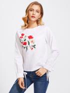 Romwe Botanical Embroidered Bow Tie Cuff Top