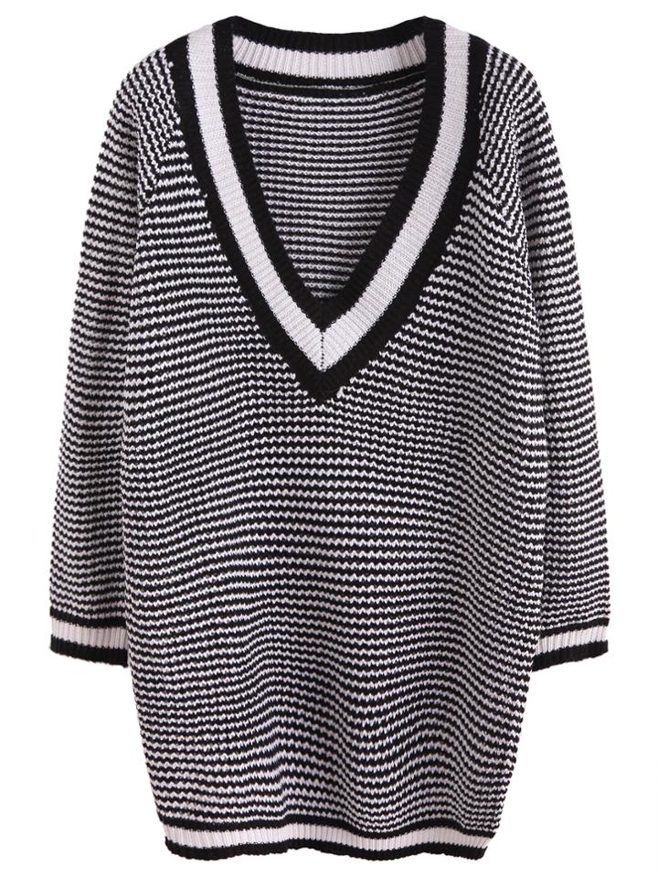 Romwe Black White Pattern V Neck Raglan Sleeve Sweater