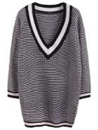 Romwe Black White Pattern V Neck Raglan Sleeve Sweater