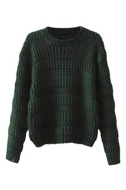 Romwe Stripe Knitted Dark Green Jumper