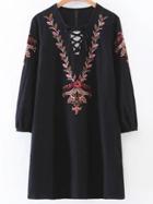 Romwe Black Embroidery Detail Lace Up V Neck Dress