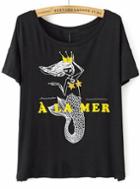 Romwe Mermaid Flocked Loose Black T-shirt