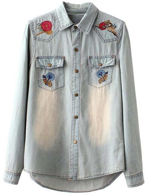 Romwe Light Blue Pockets Embroidery Distressed Denim Blouse