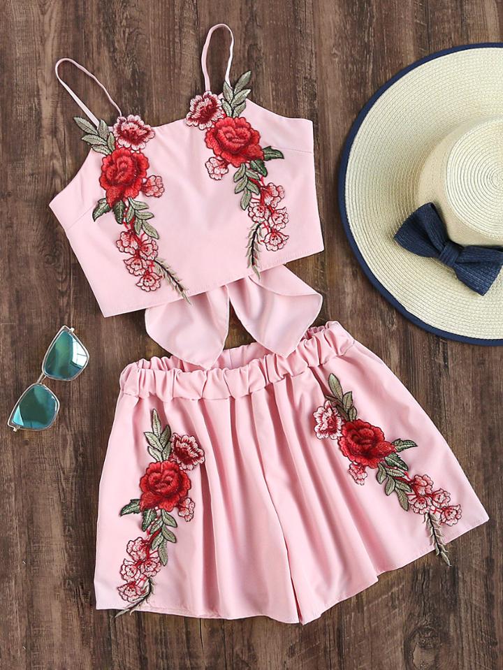 Romwe Rose Embroidered Patch Bow Back Crop Cami Top With Shorts