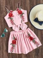 Romwe Rose Embroidered Patch Bow Back Crop Cami Top With Shorts