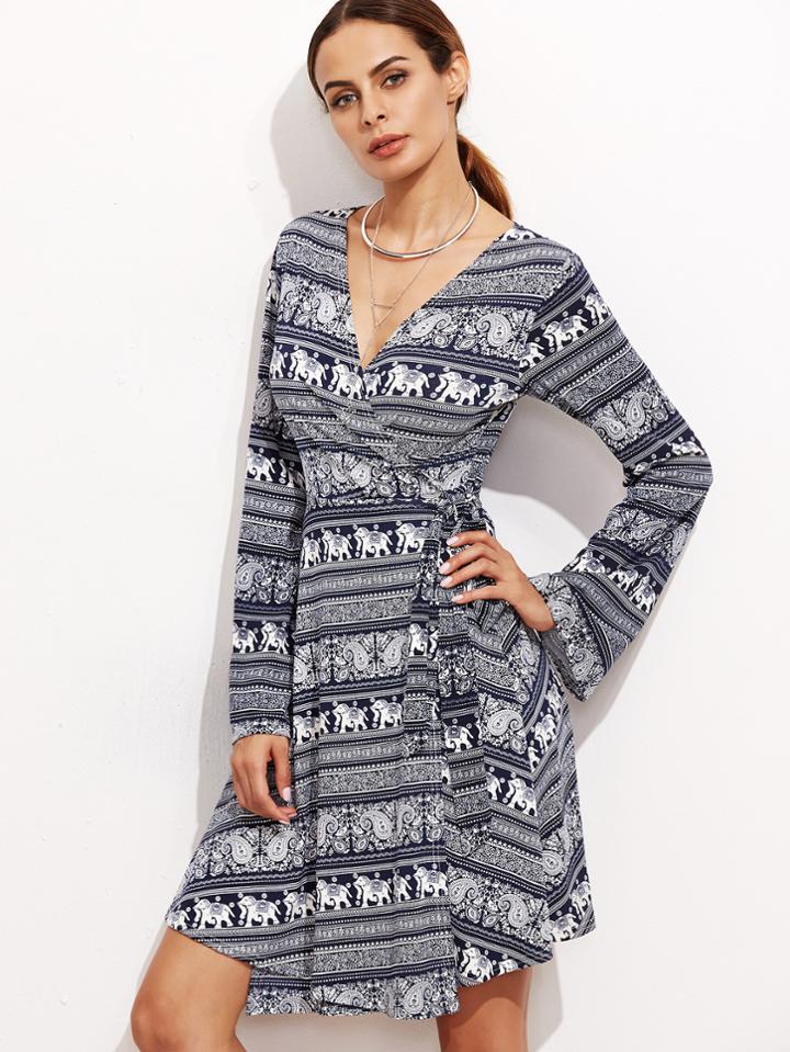 Romwe Vintage Print Deep V Neck Wrap Dress