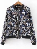 Romwe Multicolor Ribbed Cuff Zipper Front Flower Print Jacket