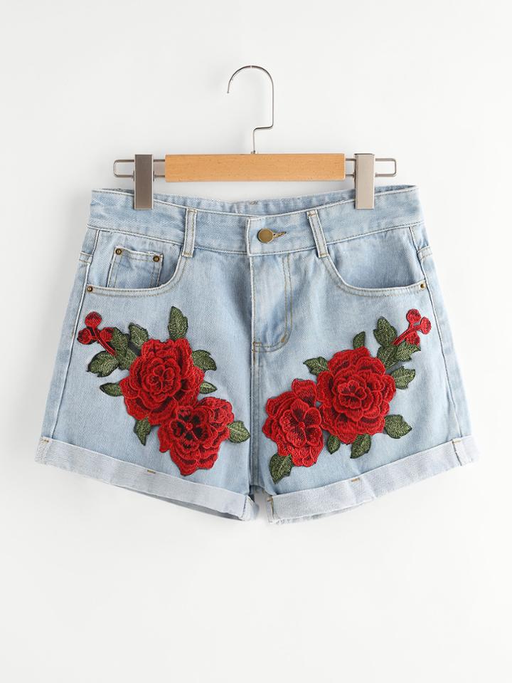 Romwe Rose Embroidered Applique Cuffed Denim Shorts