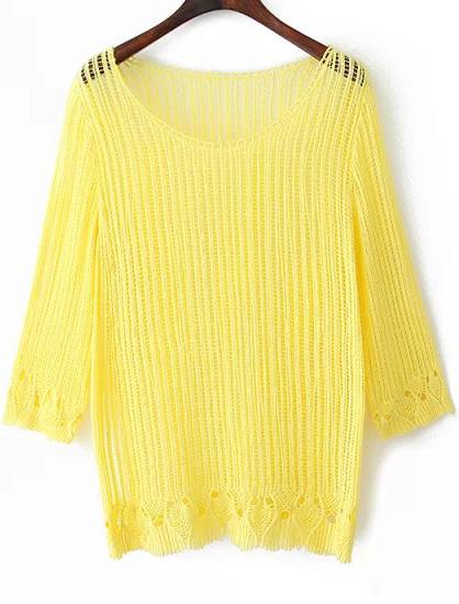 Romwe Yellow Long Sleeve Hollow Floral Crochet Blouse