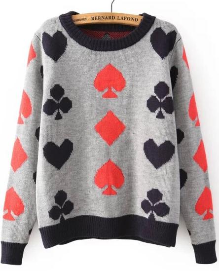 Romwe Poker Print Grey Knit Sweater