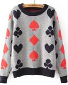 Romwe Poker Print Grey Knit Sweater