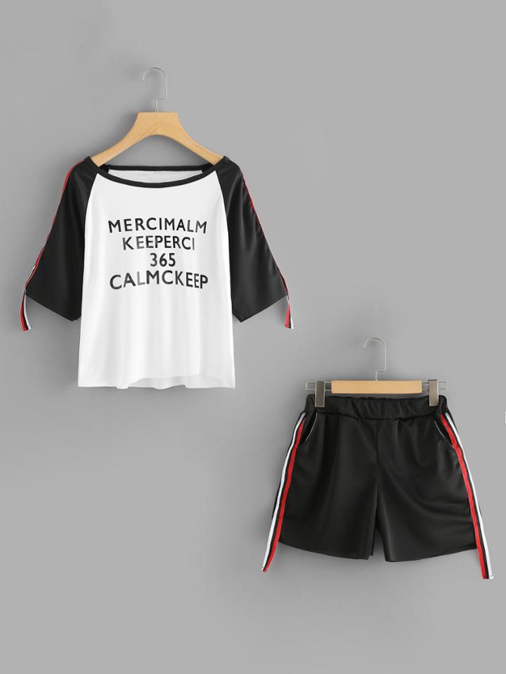 Romwe Raglan Sleeve Slogan Print Tee With Shorts
