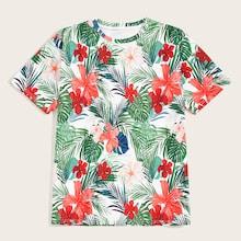 Romwe Guys Tropical & Floral Print Hawaiian Tee