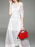 Romwe White V Neck Gauze Embroidered Dress